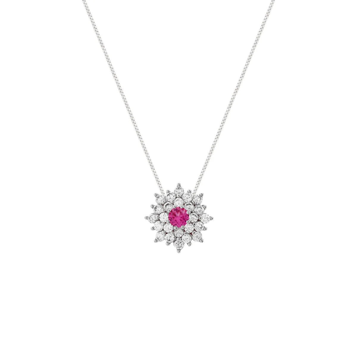 CORRENTE ELOS PORTUGUESES COM FLOR OITO PETALAS PONTO DE LUZ 4MM NO MEIO CRAVACAO EM VOLTA RODIO BRANCO \PINK \ZB \TAM.