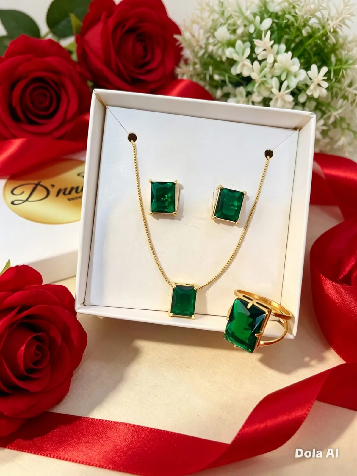 Conjunto brinco cordão e anel pedra verde