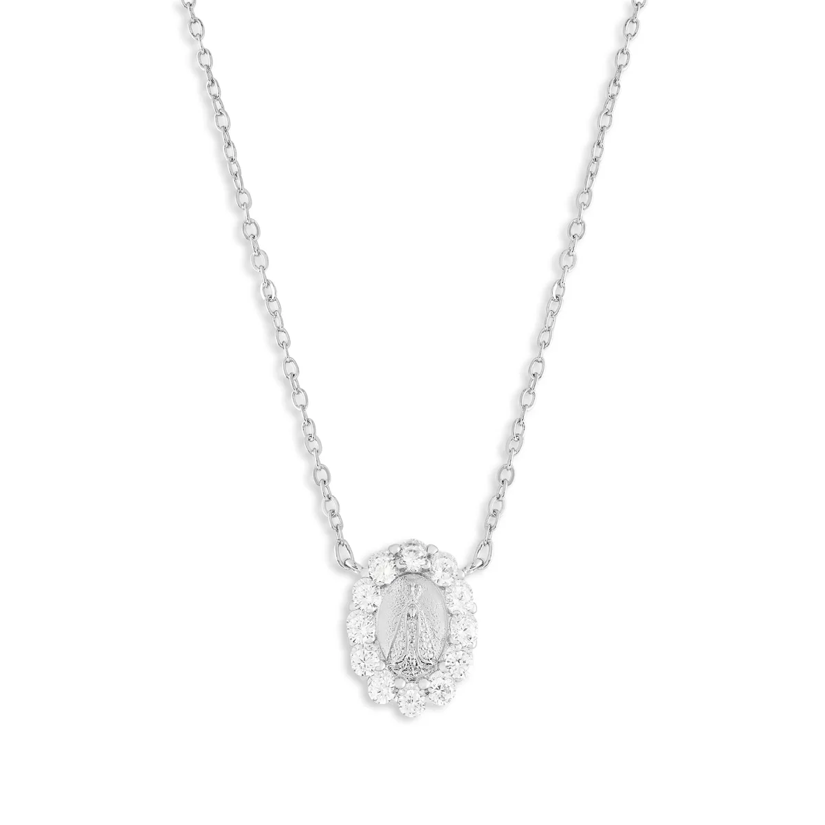 COLAR RELIGIOSO ELOS COM NOSSA SENHORA 2MM RODIO BRANCO \SEM PEDRA \ZB \TAM. 45