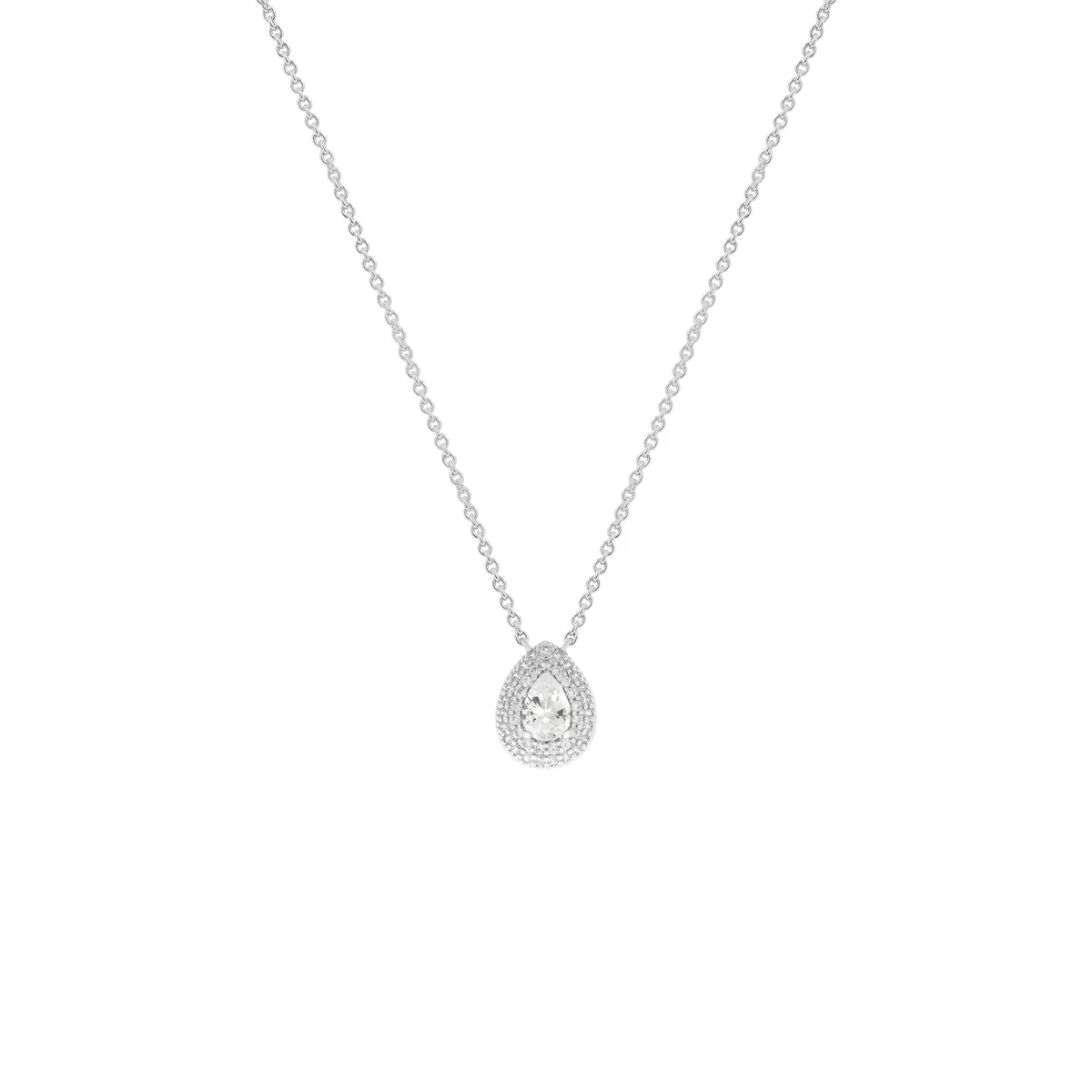 COLAR ELOS PORTUGUESES COM PINGENTE FORMATO GOTA COM CRAVACAO AO REDOR RODIO BRANCO \\ZIRCONIA BRANCA \\ZB \\TAM. 45