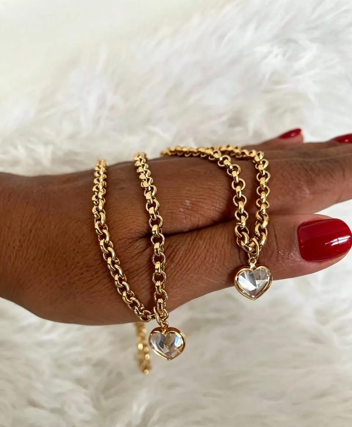 Conjunto colar e pulseira elo português com coração de zircônia