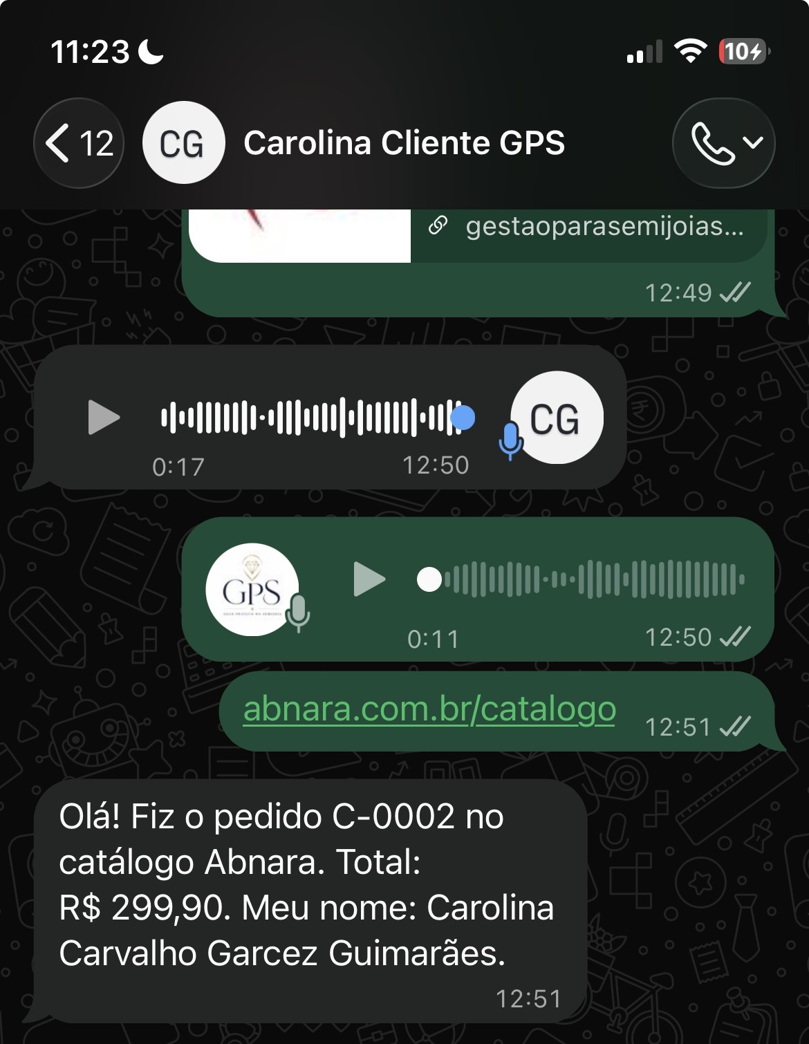 Pedido real no WhatsApp
